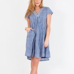 ZEN ETHIC Women's Pistil V Neck A Line Blue‎ White Block Print Patterned Dress L